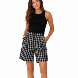 Plaid High Rise Pleated Shorts Bermuda Black White Sz 8